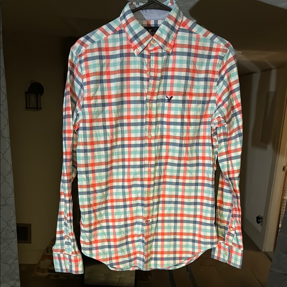American Eagle Outfitters Pink and Blue Casual Button Down Shirt